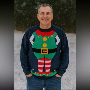 UGLY CHRISTMAS SWEATER MENS MEDIUM MOSSIMO ELF THIN BLUE SWEATER W/BELLS